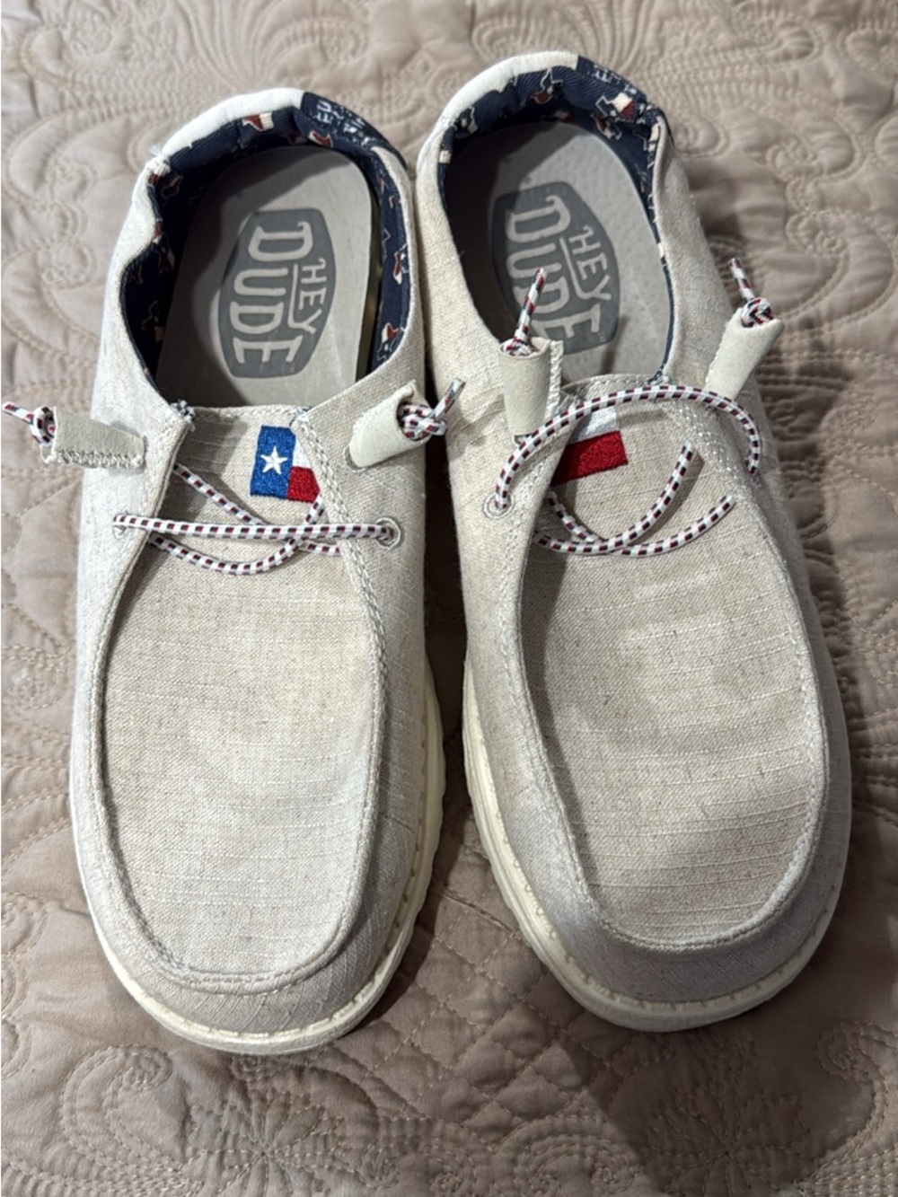Hey Dude Beige Canvas Slip-On Loafers with Texas Flag Accent
